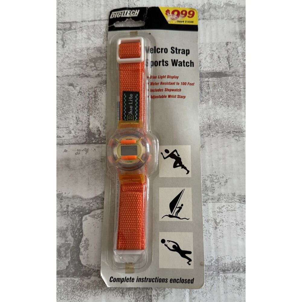 VTG NOS Digitech Blue Lite  Orange Velcro Strap 100ft Water Resist Sport Watch